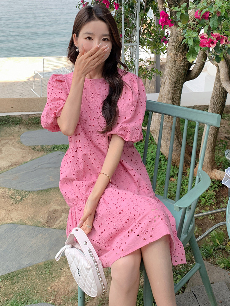 今年流行小个子白色连衣裙夏季女2025新款法式茶歇镂空中长款裙子,女装连衣裙,浙宝192（原082）