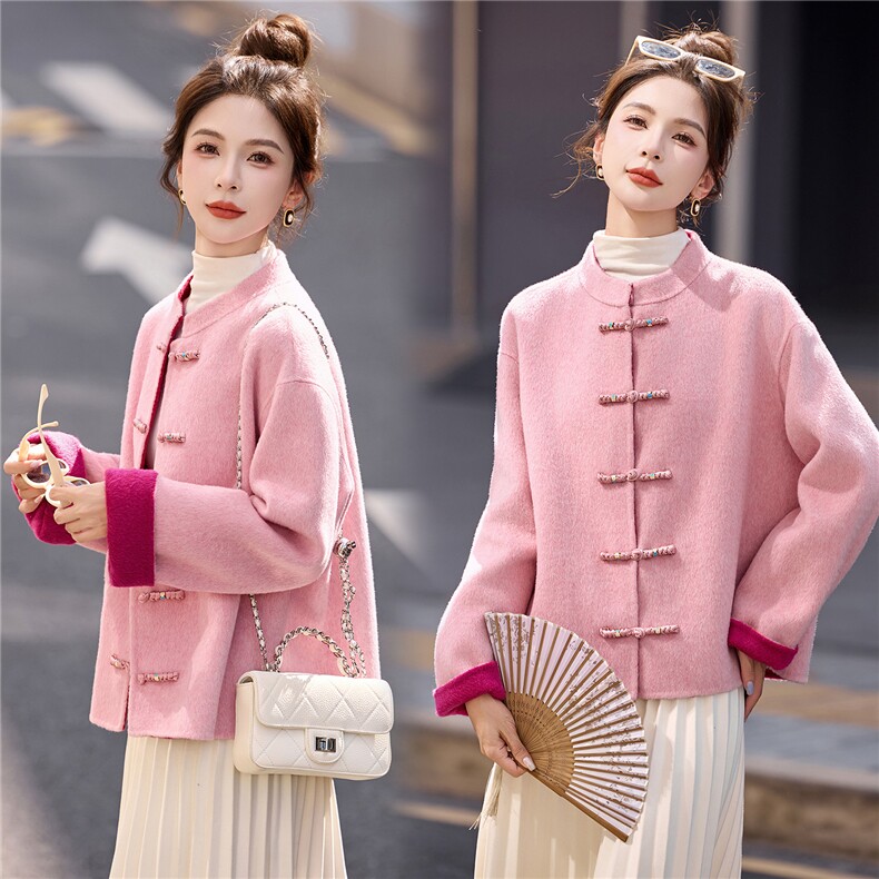新中式双面呢外套2025年秋冬新款时尚百搭复古盘扣小个子毛呢外套，女装双面呢大衣，拾衣