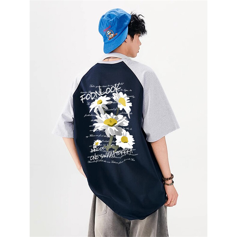 抖音得物供货240克宽松纯棉美式潮牌印花插肩袖拼接短袖T恤AT1512,男装T恤,电商A443