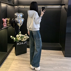 女秋冬减龄灰色卫衣阔腿牛仔裤套装潮，女装套装/套裙，江南