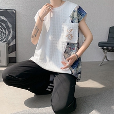 现货DSA059-T10037-P32夏季新款撞色拼接小熊大码无袖T恤，男装T恤，电商A059