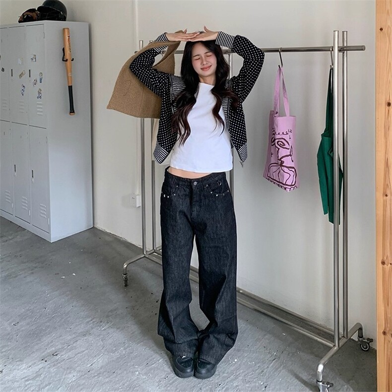 美式复古黑色牛仔裤女秋季小众设计感垂感显瘦拖地裤图片