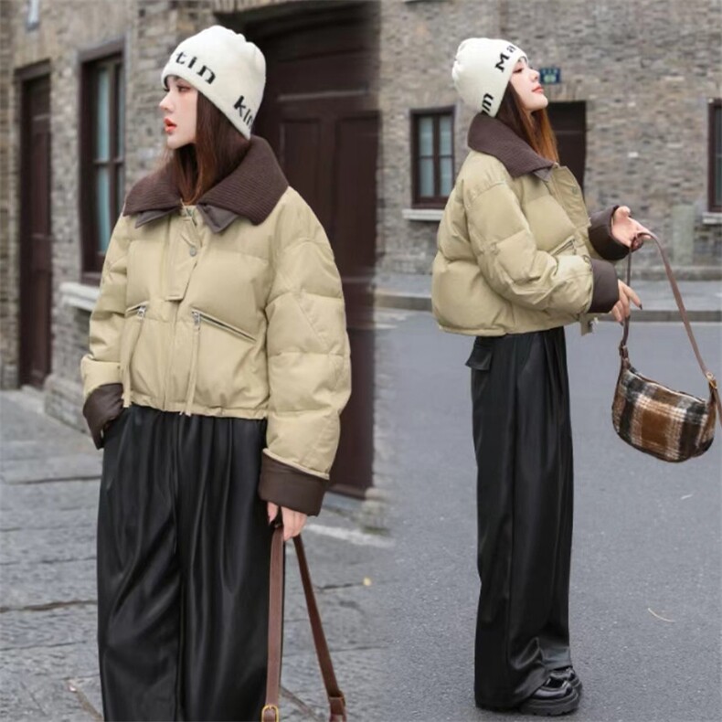 2024冬装新款时尚针织皮衣鹅绒服充绒量90%,女装羽绒服,曼琳思菲