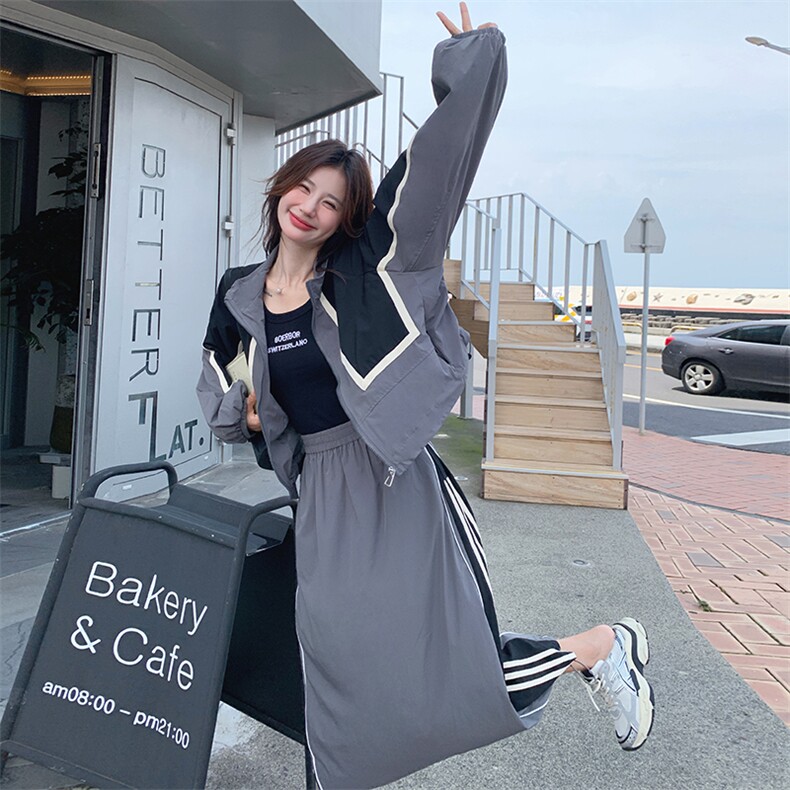 灰色条纹设计感拼接外套半身裙套装女春季新款学院风工装裙两件套图片