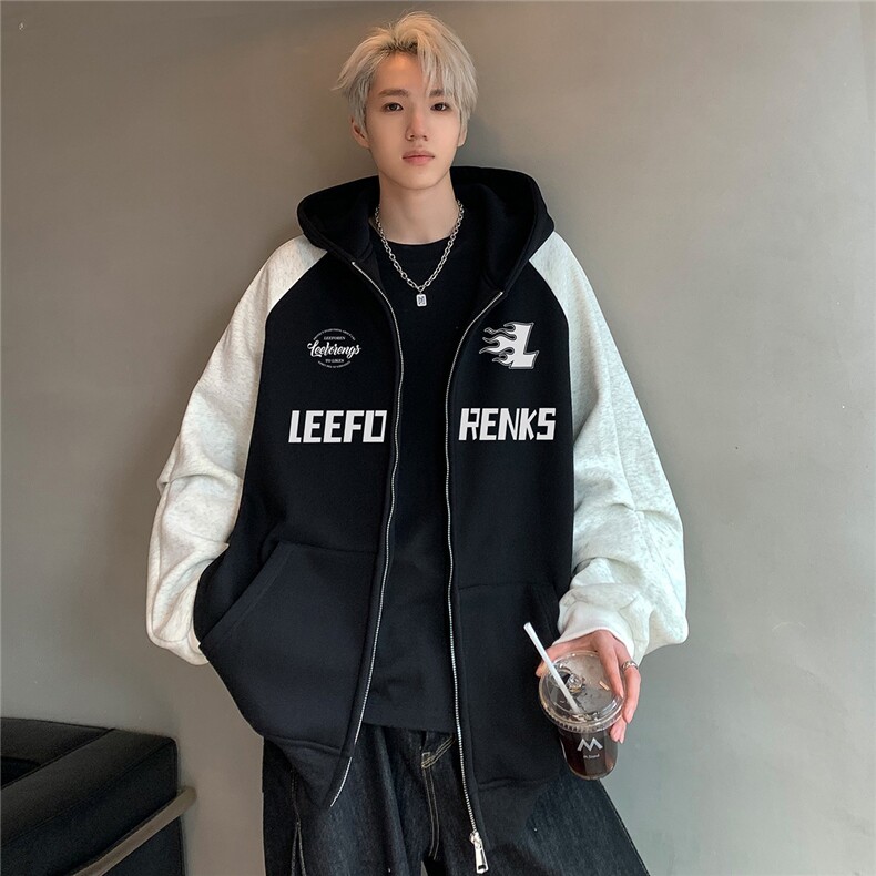 拉链开衫美式宽松慵懒风黑色连帽卫衣男秋冬夹克外套JK117-P78图片