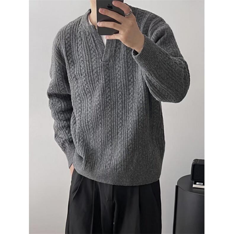 网图麻花灰色亨利领毛衣男cleanfit老钱风v领针织衫MY6518-特P58,男装针织衫/毛衣,星座1007（原301D）