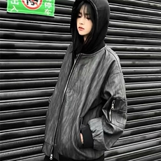 新款重磅设计假两件连帽皮衣外套男女美式工装夹克做旧LJK853-P80，男装皮衣，星座1008