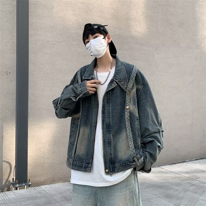 秋季美式复古拉链设计感宽松牛仔外套男女高街潮工装夹克JK2131,男装夹克,星座1116A-1（原606A）