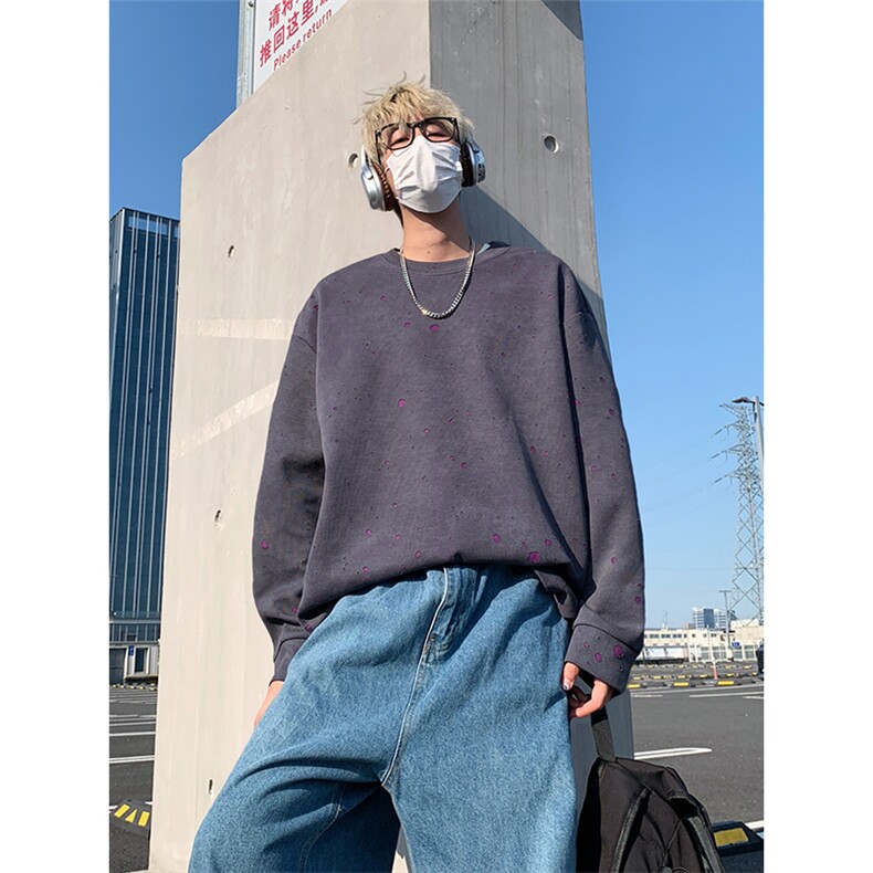 漆点长袖休闲宽松卫衣简约破洞圆领上衣男W4675-P48【特价】,男装卫衣,电商A007