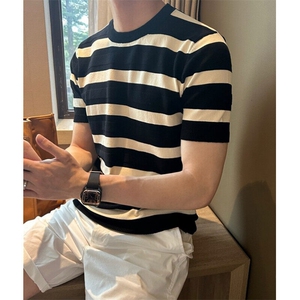 夏季薄款男针织条纹短袖T恤潮牌体恤痞帅男装半截袖上衣 T69006图片