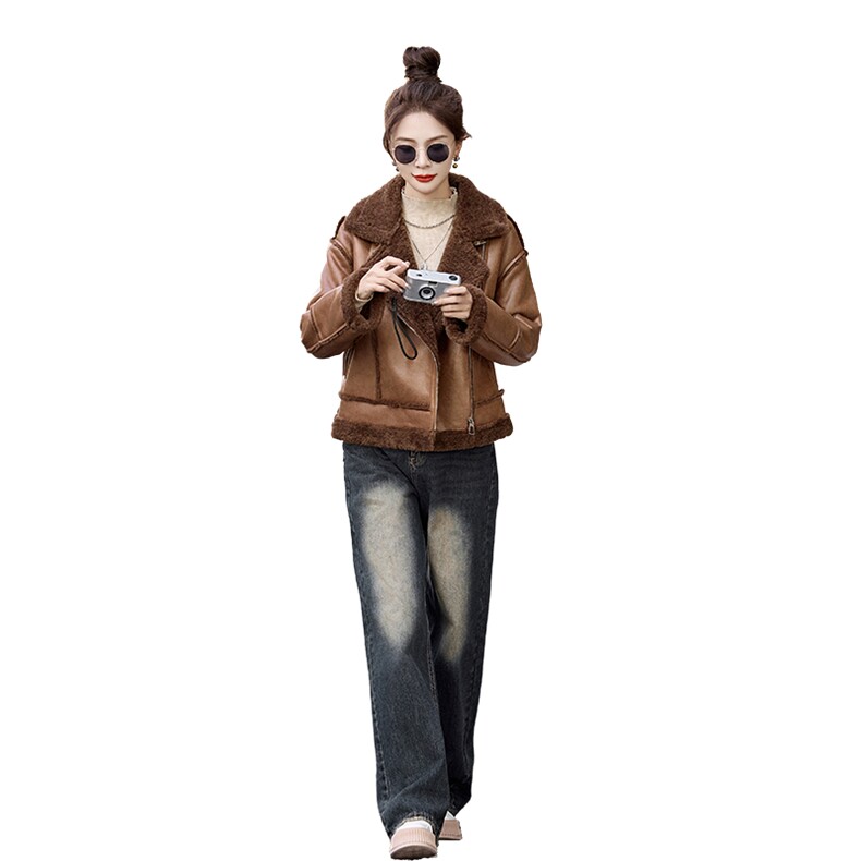 皮毛一体仿羊羔毛鹿皮绒外套女2024冬新款显瘦加厚机车服夹克上衣,女装棉衣/棉服,自然秀