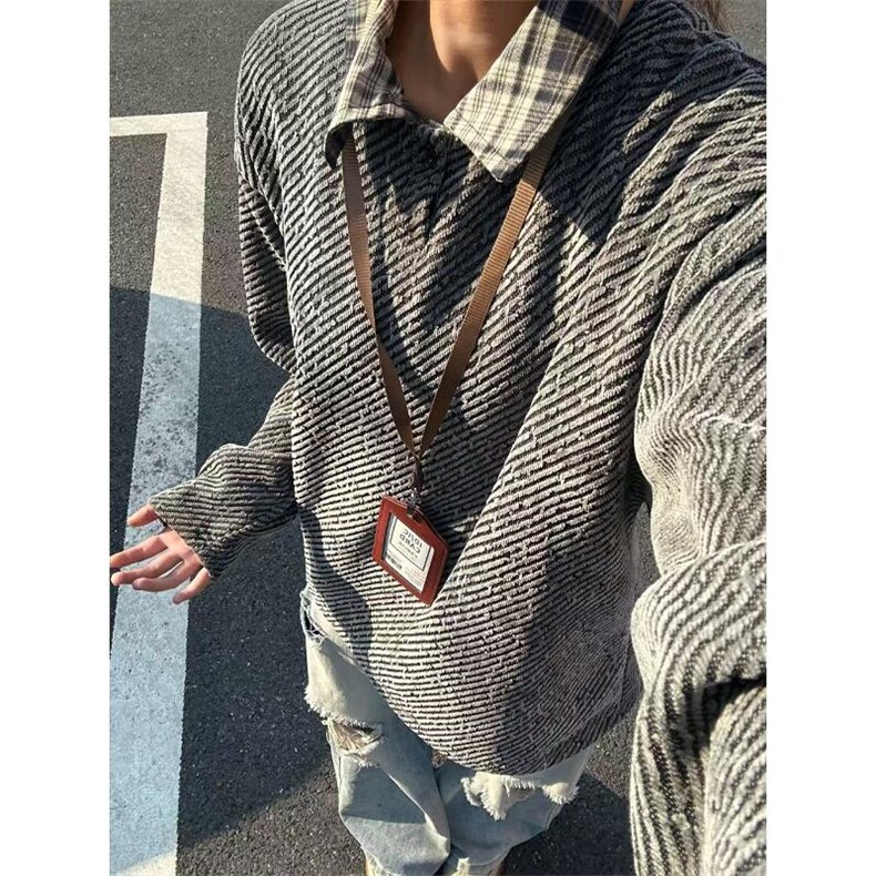 重磅粗花针织拼接翻领卫衣男春秋潮牌美式复古宽松高级感休闲外套,女装短外套,四季星座505