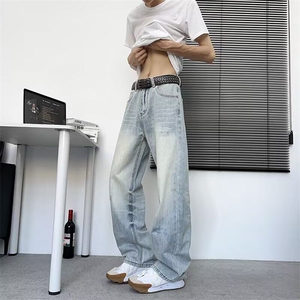 美式刮破抓痕牛仔裤男女宽松喇叭猫须阔腿弯刀长裤子RK2963-P52图片