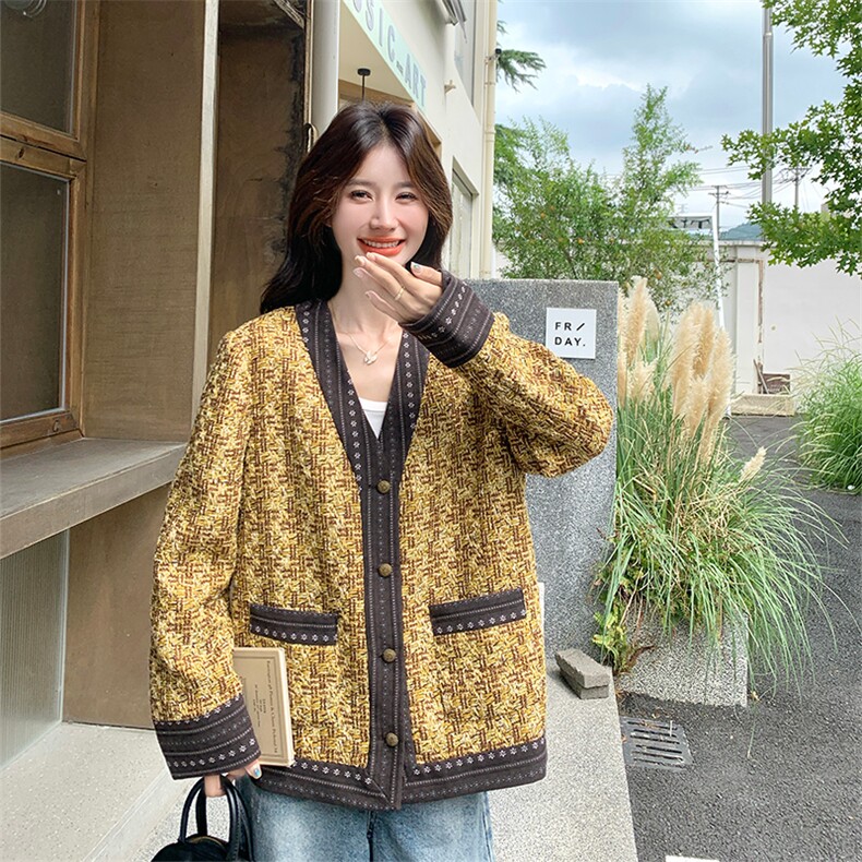 轻奢小香风黄色粗花呢外套女春秋2025新款小个子减龄超火流行上衣,女装毛呢外套,2C029