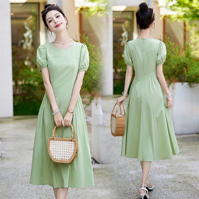 清新绿色纯棉连衣裙女2024夏季新款泡泡袖褶皱收腰显瘦气质长裙子，女装连衣裙，蓝诺裳