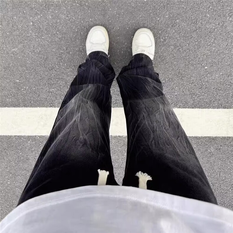 松紧腰美式扎花闪电纹直筒宽松牛仔裤男女百搭高街设计感长裤子潮,男装牛仔裤,星座218-1（原230）