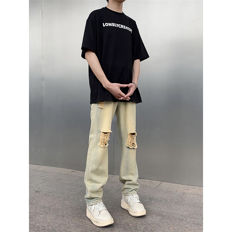 B221美式ins高街暗黑小众直筒破洞牛仔裤LK23056-P60控78,男装牛仔裤,电商B221