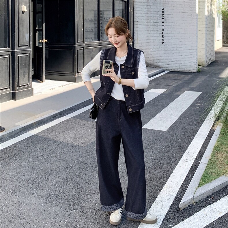 休闲套装深蓝色牛仔马甲t恤阔腿裤套装女秋,女装套装/套裙,2C266