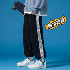 2025冬季新款港风加绒加厚长裤灯芯绒拼接休闲裤卫裤蓝GK51-P55，男装休闲裤，电商B277(原6028)