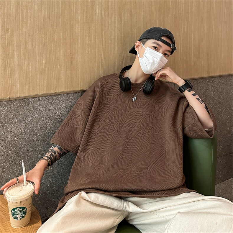 T8069/P30夏季透气开叉T恤男潮短袖纯色宽松半袖提花重磅上衣男,男装T恤,电商A141