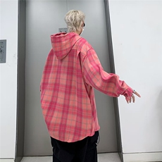 春秋美式复古潮流格子连帽衬衫男女长袖潮牌宽松学生休闲衬衣外套，男装衬衫，星座601-2