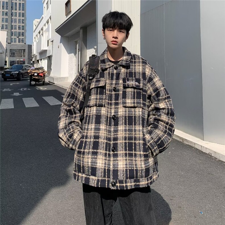 时尚潮宽松型翻领格子慵懒潮流男秋季休闲青春流行2025毛呢大衣,男装毛呢大衣,星座506A