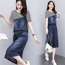 条纹牛仔拼接套装女2023夏季新款女装韩版时尚拼接大码两件套裙潮，女装套装/套裙，慧尚依恋