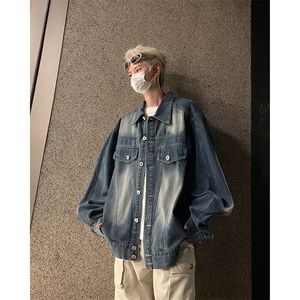欧美式复古街头vibe潮牌牛仔外套男春秋翻领夹克男装高街痞帅上衣,西瓜红衬衫搭配男图片