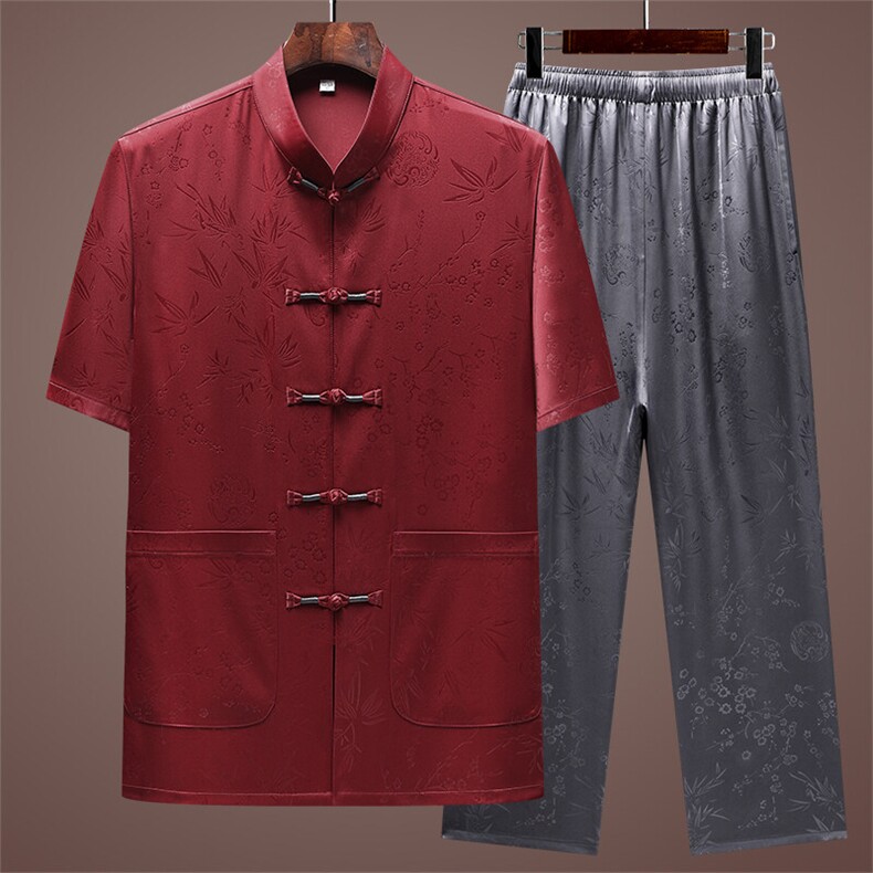 风高品质梅竹提花唐装男装夏季透气中老年人中式汉服爸爸套装,男装休闲套装,钱塘6003（原4033）