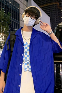 C6057/P45港风高品质玻璃冰丝垂感短袖衬衣男装宽松衬衫上衣控68图片