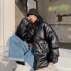 港风冬款PU皮加厚面包服韩版宽松大码立领情侣棉衣棉服M01图片