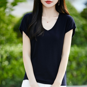 V领小飞袖针织衫女T恤薄款透气2025新款夏精纺细毛上衣短袖t恤衫图片