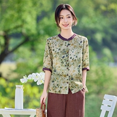 2026年春季文艺风女短袖宽松苎麻文艺/优雅，女装衬衫，江南依恋