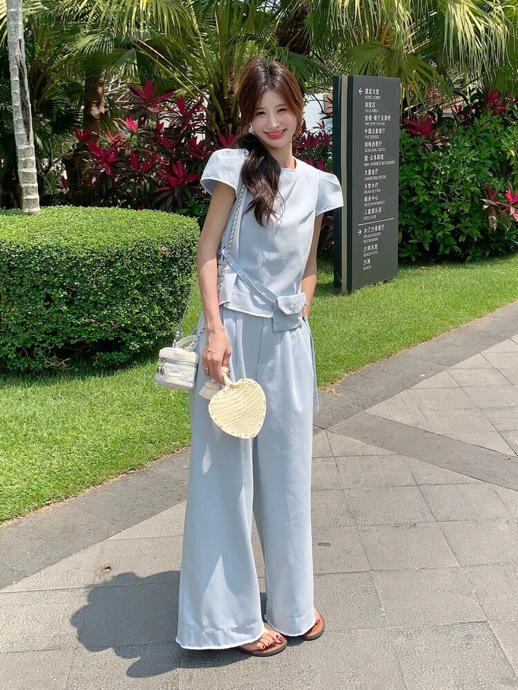 今年流行时尚套装女夏季新款设计感轻薄上衣阔腿裤休闲气质两件套,女装套装/套裙,慧尚2-185