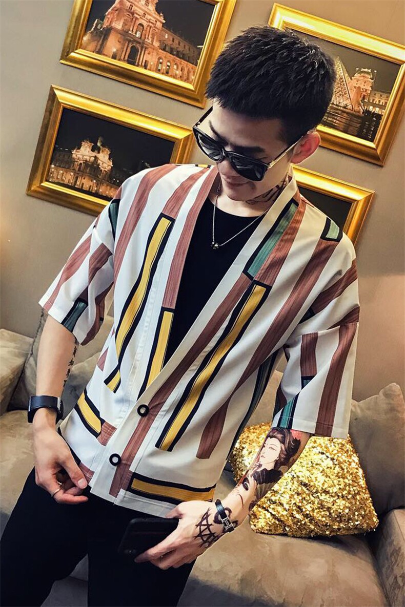 19夏新款时尚个性社会小伙休闲仙鹤条纹日系和服短袖衬衫,男装衬衫,星座406