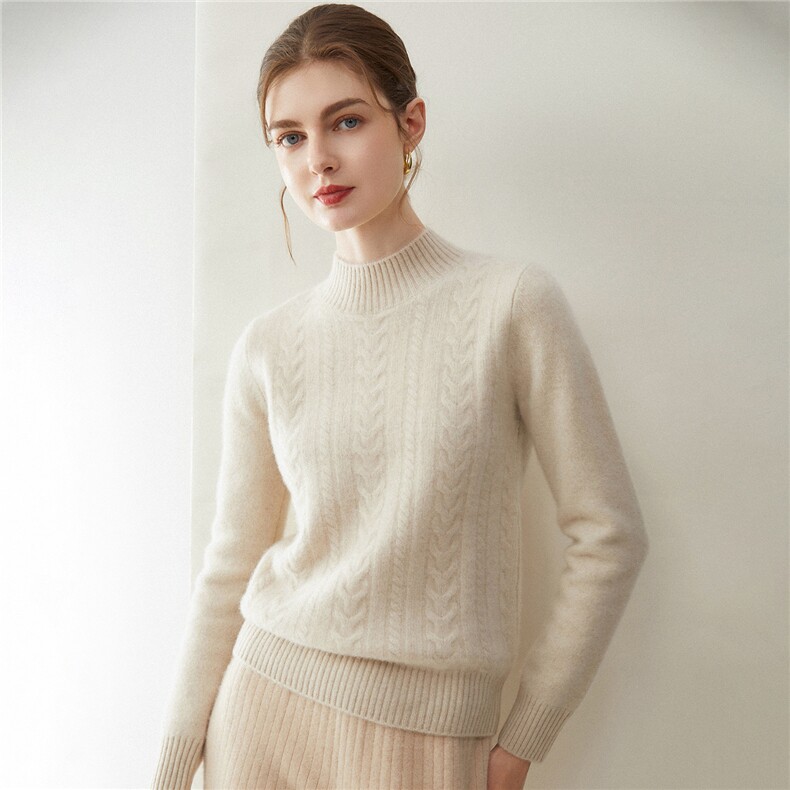 韩系高级感插肩圆领绞花100%山羊绒衫针织衫女套头宽松百搭毛衣，女装羊绒衫，米乐羊绒