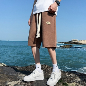 休闲短裤男2024新款夏季青少年潮牌港风中裤大码华夫格五分裤C663