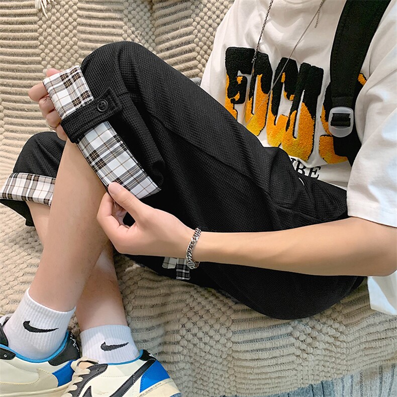 2022港风夏款男七分裤华夫格翻边按扣格子拼接大码休闲裤K27-P28,男装牛仔裤,星座310B-2