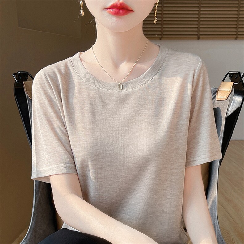 简约圆领气百搭显瘦短袖上衣女,针织衫/毛衣,绒宛羊绒