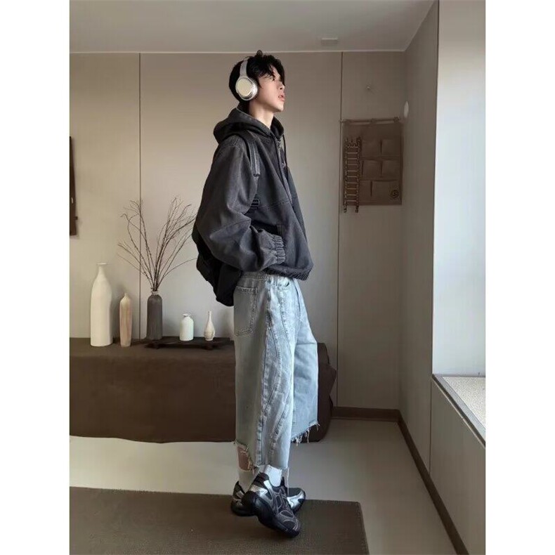 解构毛边牛仔短裤男女夏季宽松休闲水洗小众阔腿七分裤D007,男装牛仔裤,星座1116A（原606A-3）