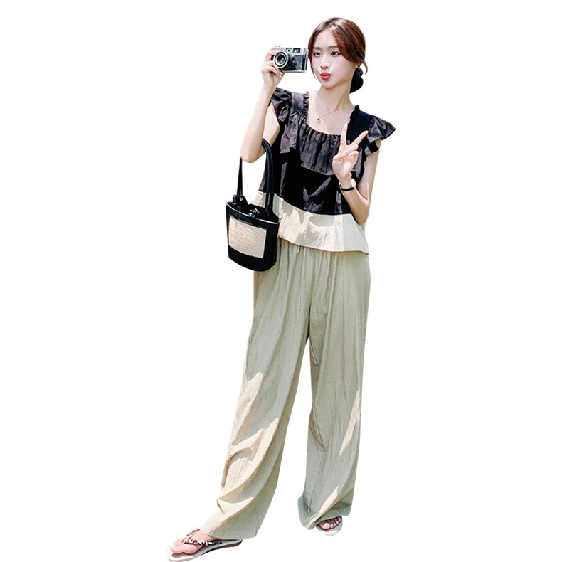 松弛感休闲小飞袖时尚套装裤女2025年夏季新款小众阔腿长裤两件套,女装套装/套裙,2C135
