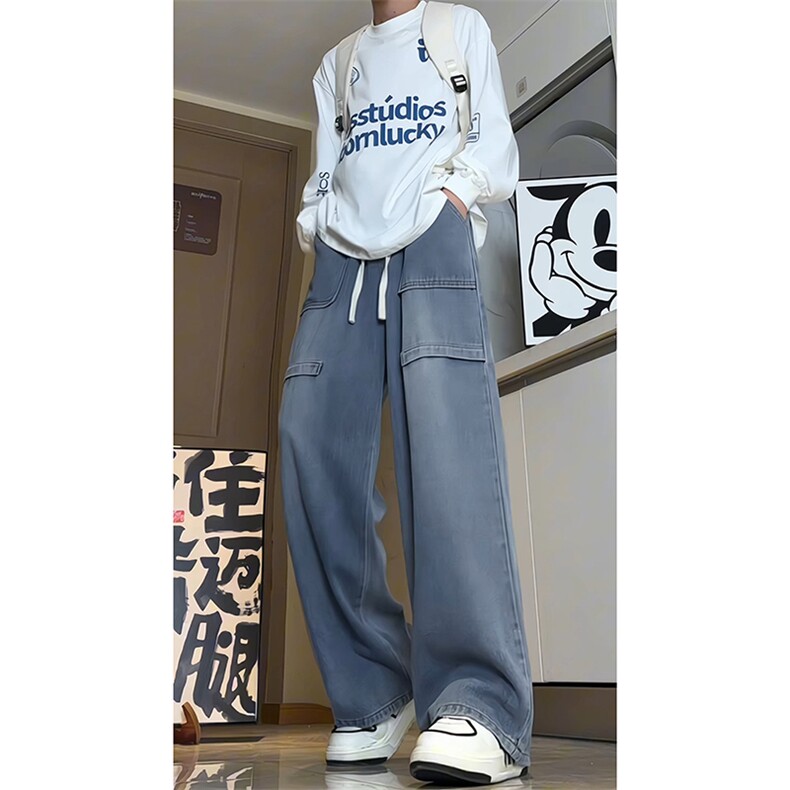 美式高街牛仔裤男秋季新款复古工装宽松直筒裤子-A1155TP50控70图片