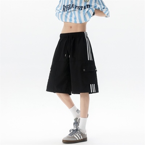 8XL-M三条杠工装短裤大码休闲运动中裤条纹冰丝五分裤DK1303/P48图片