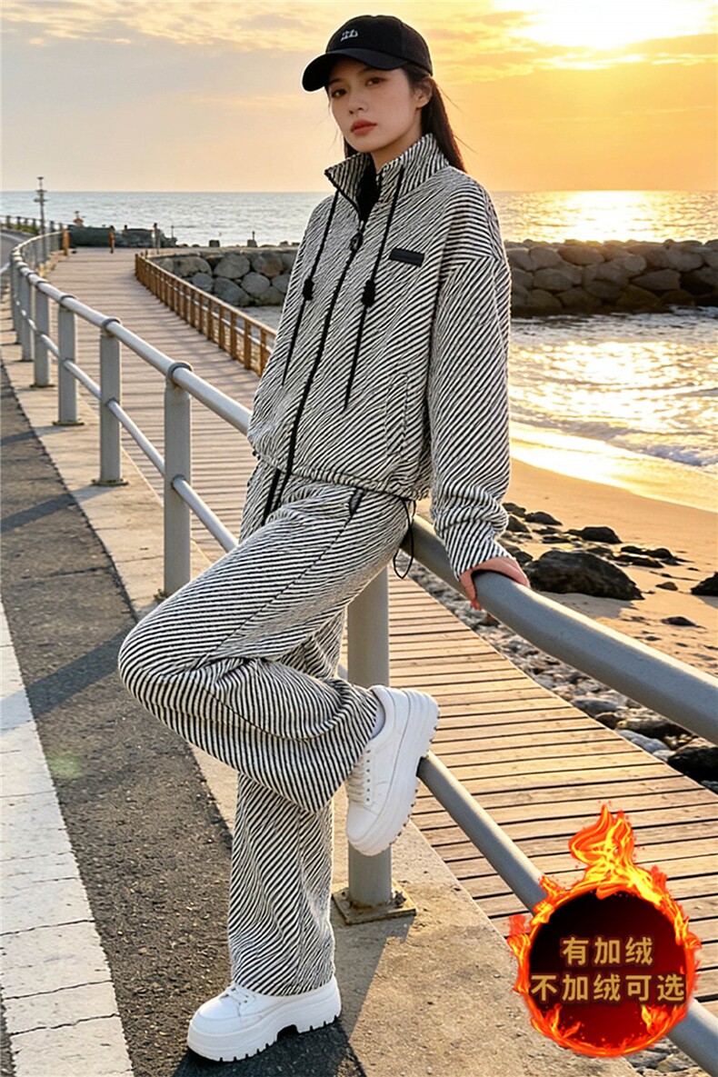 欧货洋气减龄时尚套装女秋冬新款立领拉链开衫卫衣阔腿长裤两件套,女装套装/套裙,江南