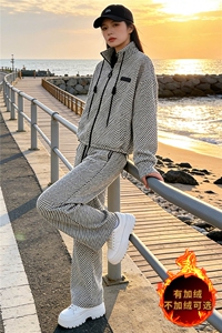 欧货洋气减龄时尚套装女秋冬新款立领拉链开衫卫衣阔腿长裤两件套图片