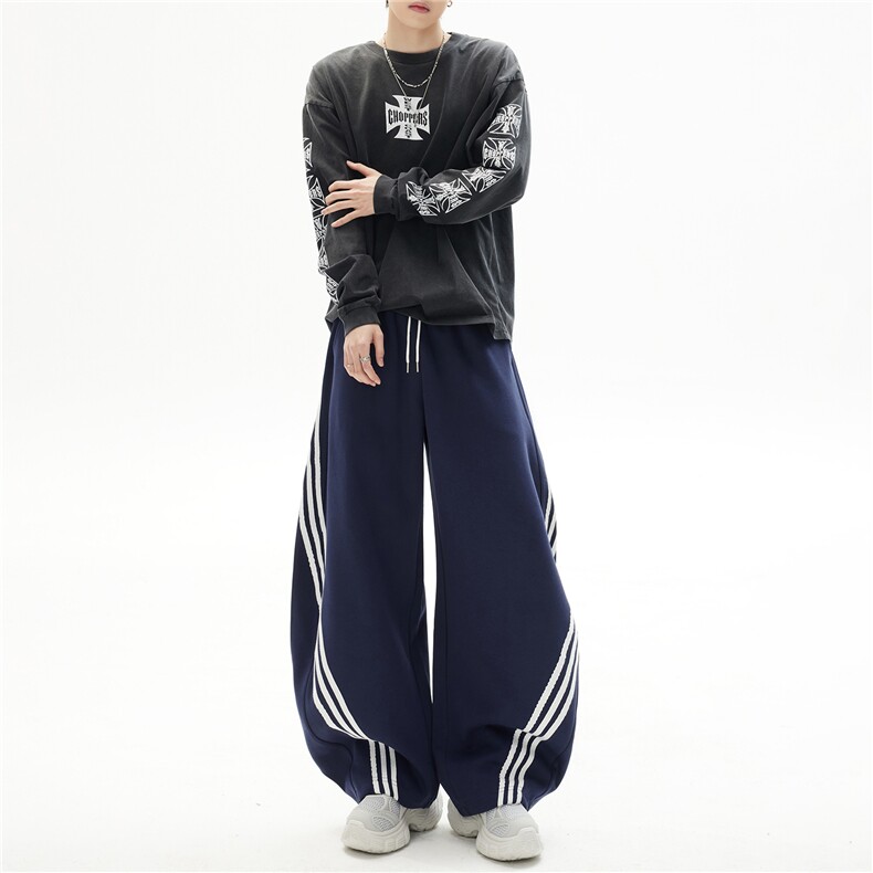 1506/QL90960/P72美式重磅撞色条纹情侣休闲裤阔腿拖地长裤子,男装休闲裤,星座1506