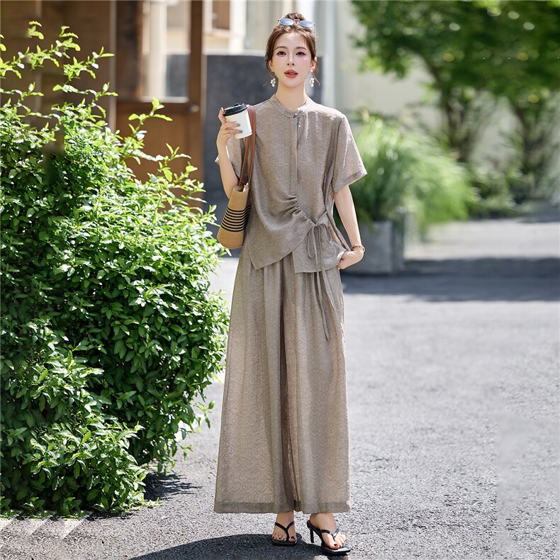 凤玖新中式套装女2026年夏新款大码上衣莱赛尔衬衫阔腿裤两件套,女装套装/套裙,凤玖服饰