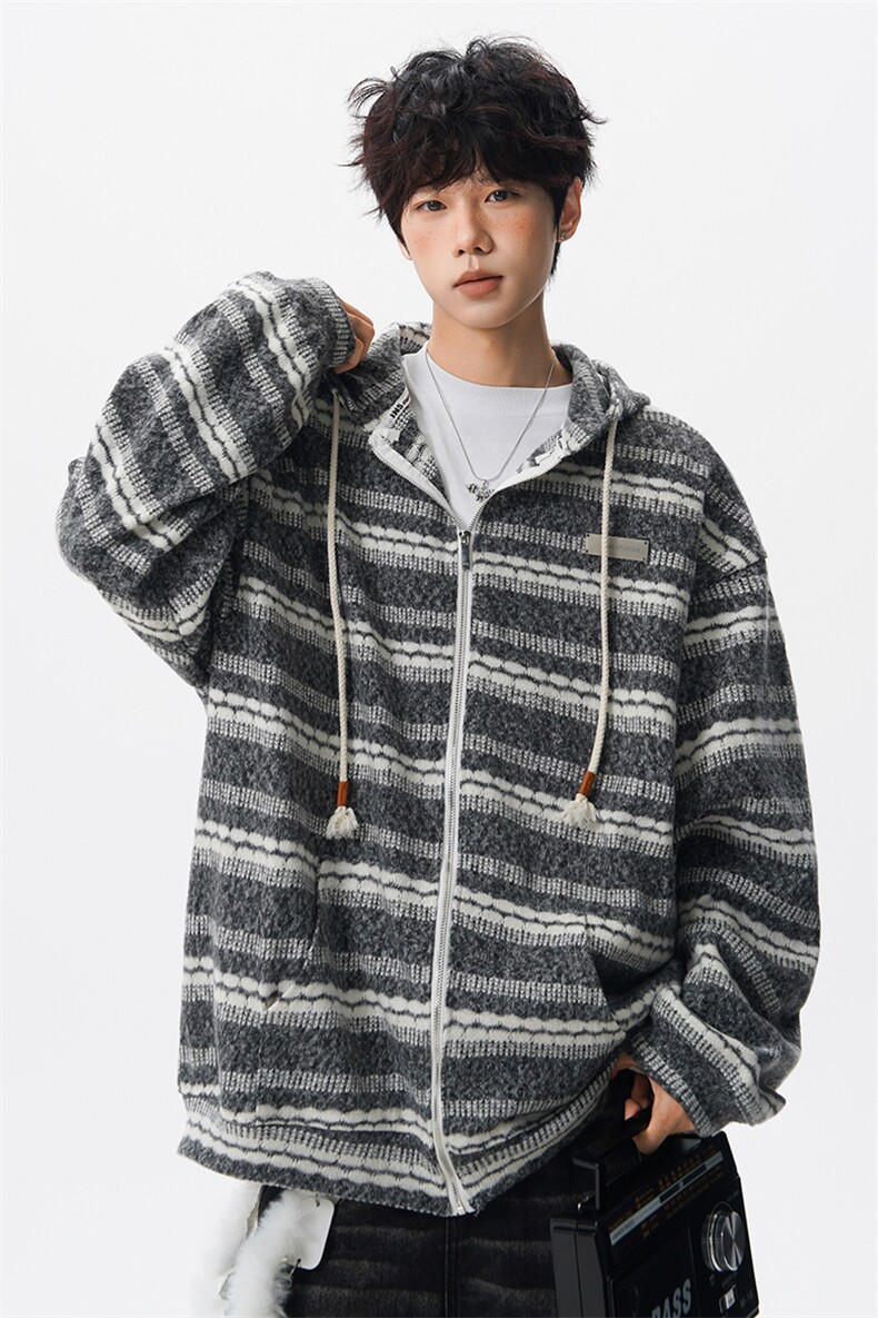 8XL-M潮情侣美式磨毛编织条纹针织衫卫衣宽松拉链外套WY30P88,男装针织衫/毛衣,电商D206-1