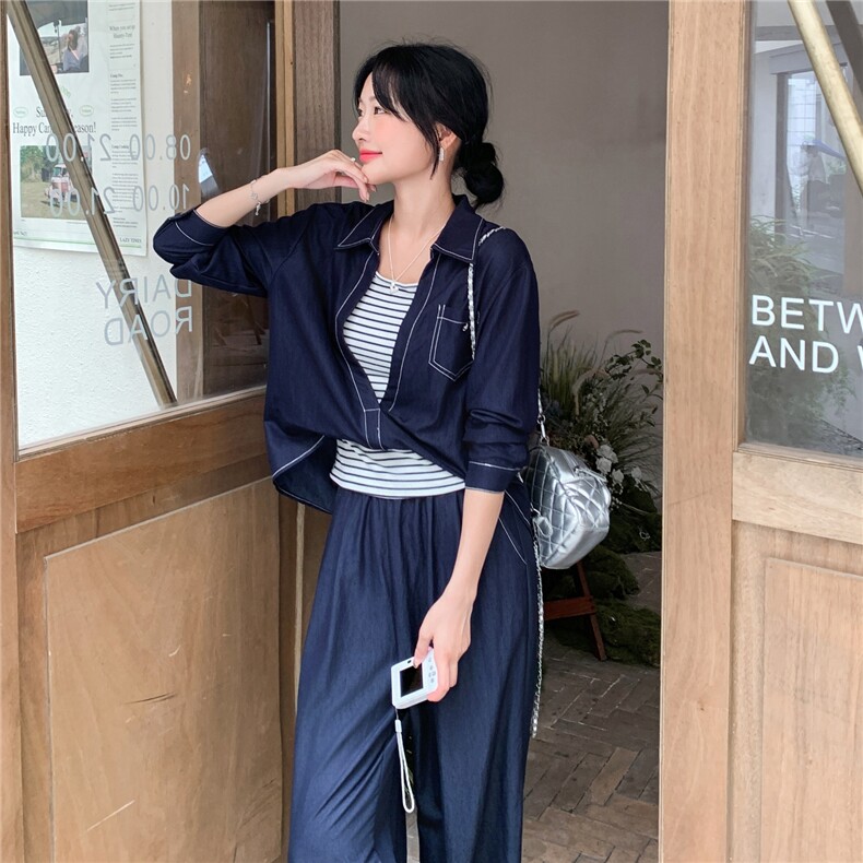 时髦松弛感牛仔蓝套装女2025秋季休闲风衬衫阔腿裤条纹背心三件套,女装套装/套裙,2C057