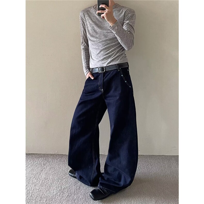美式复古老钱风水洗牛仔裤宽松阔腿弯刀裤男女夏季cleanfit长裤子,男装牛仔裤,星座506A